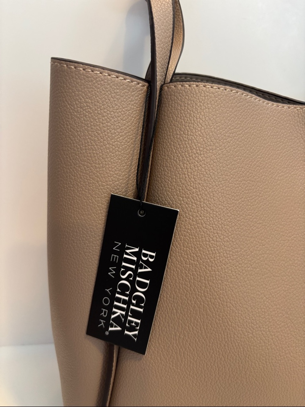 NEW! Badgley Mischka Taupe Tan Pebbled Vegan Faux Leather Tote with Top Handle - Picture 3 of 10
